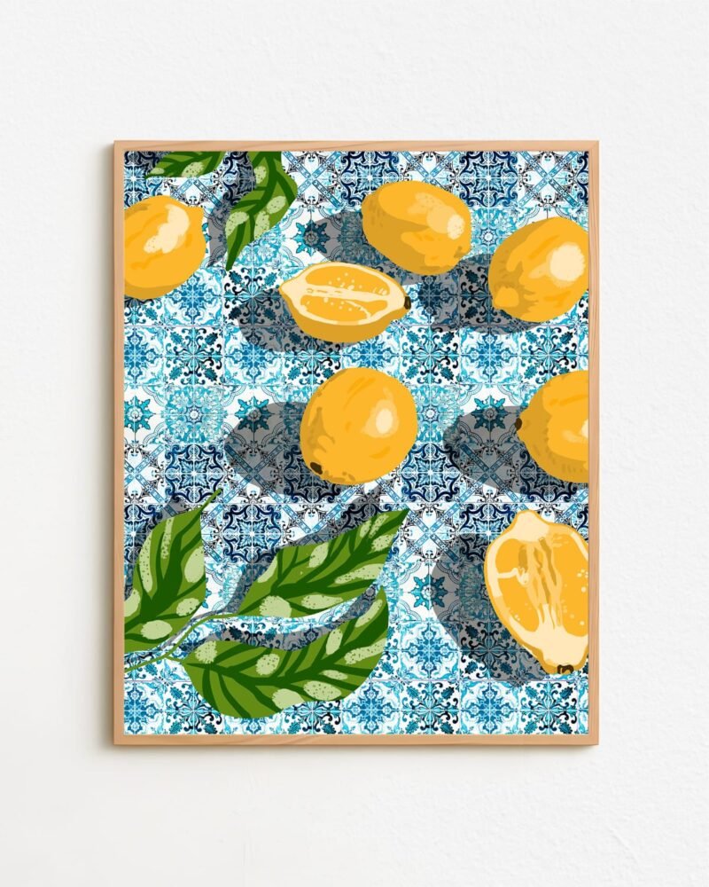 Shop sweet Moroccan tiles & sour lemons botanical Art Print, Canvas Print, digital printable download - available at 83oranges.com by artist Uma Gokhale India