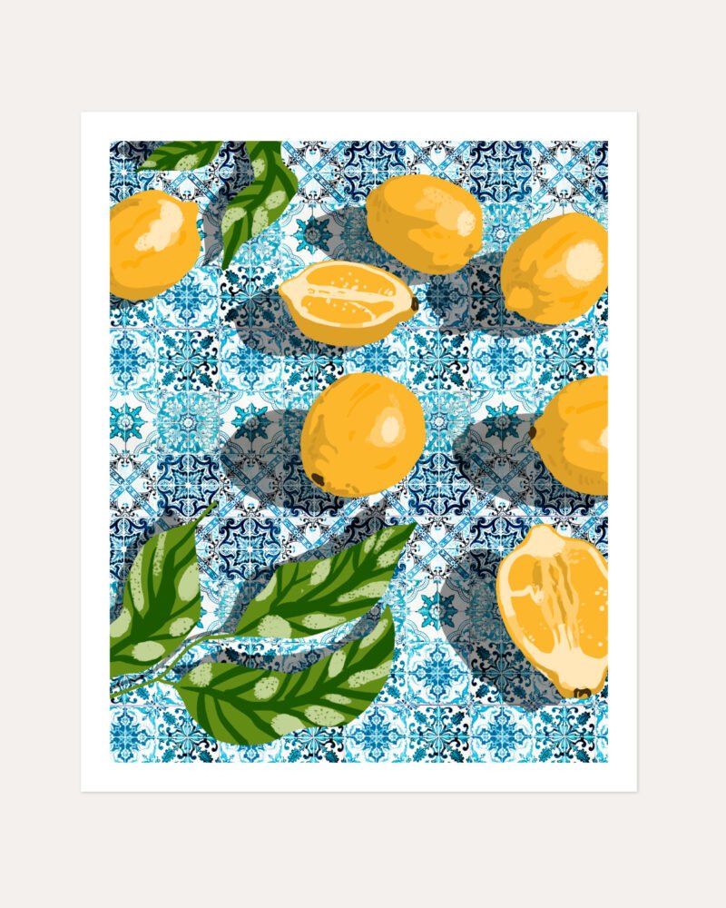 Shop sweet Moroccan tiles & sour lemons botanical Art Print, Canvas Print, Commercial digital license & Instant printable download - available at 83oranges.com by artist Uma Gokhale India