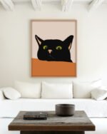 Shop the curious black cute cat close-up minimal painting Art Print, Canvas Print, digital printable download - available at 83oranges.com by artist Uma Gokhale India