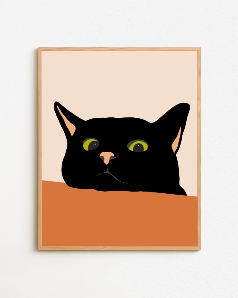 Shop the curious black cute cat close-up minimal painting Art Print, Canvas Print, digital printable download - available at 83oranges.com by artist Uma Gokhale India