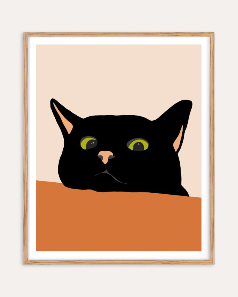 Shop the curious black cute cat close-up minimal painting Art Print, Canvas Print, digital printable download - available at 83oranges.com by artist Uma Gokhale India