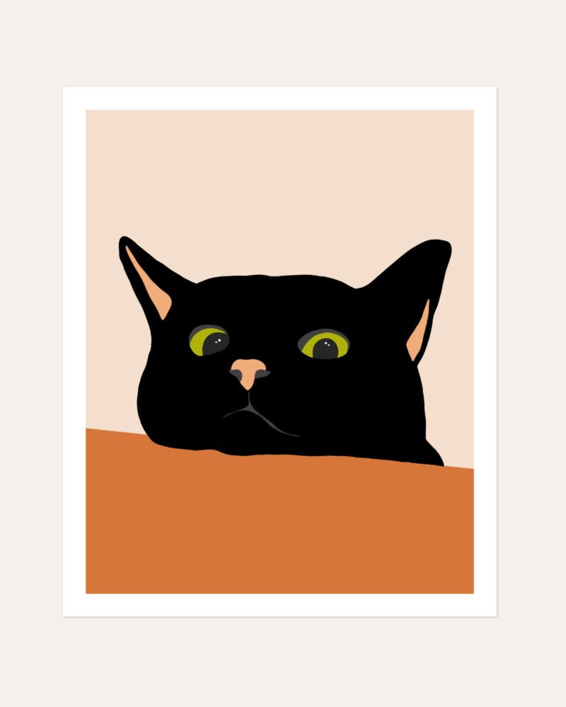 Shop the curious black cute cat close-up minimal painting Art Print, Canvas Print, digital printable download - available at 83oranges.com by artist Uma Gokhale India