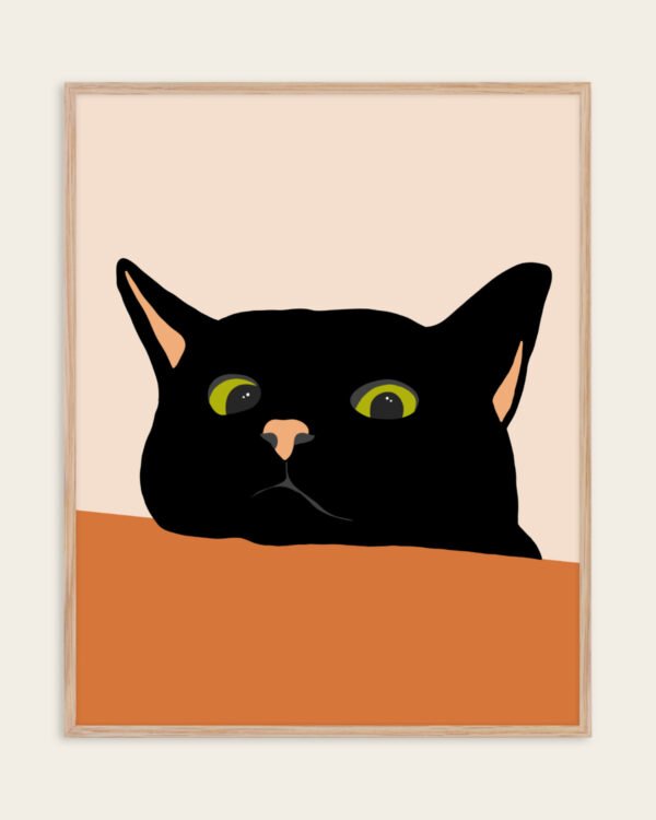 Shop the curious black cute cat close-up minimal painting Art Print, Canvas Print, digital printable download - available at 83oranges.com by artist Uma Gokhale India
