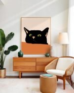 Shop the curious black cute cat close-up minimal painting Art Print, Canvas Print, digital printable download - available at 83oranges.com by artist Uma Gokhale India