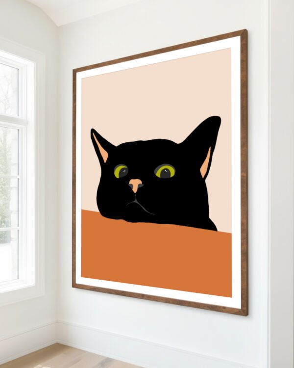 Shop the curious black cute cat close-up minimal painting Art Print, Canvas Print, Commercial digital license & Instant printable download - available at 83oranges.com by artist Uma Gokhale India