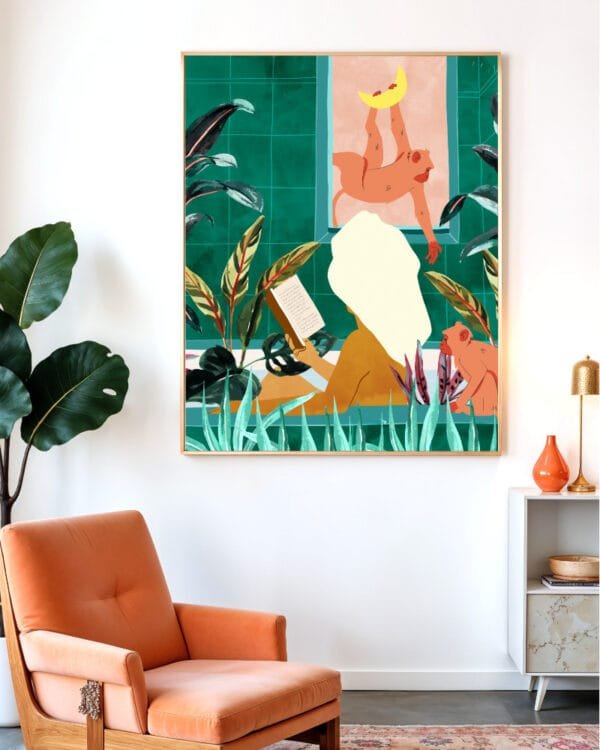 Shop Bohemian woman urban jungle bath monkeys moon Art Print & Canvas Print - exclusively certified at 83oranges.com by artist Uma Gokhale India