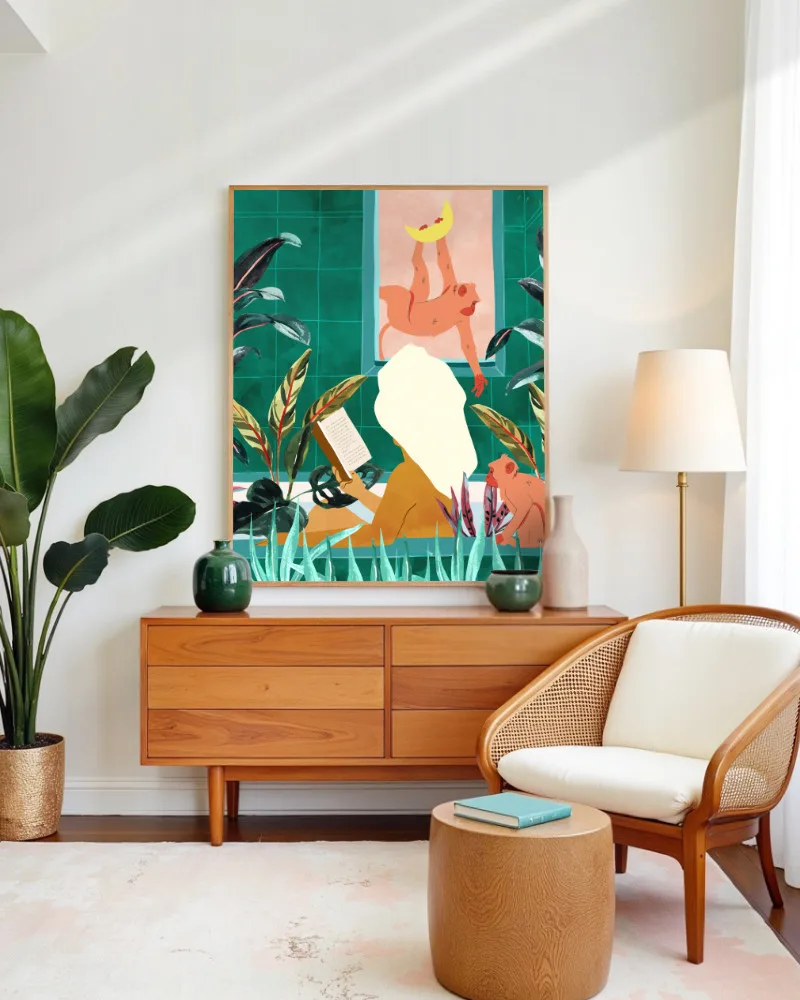 Shop Bohemian woman urban jungle bath monkeys moon Art Print & Canvas Print - exclusively certified at 83oranges.com by artist Uma Gokhale India