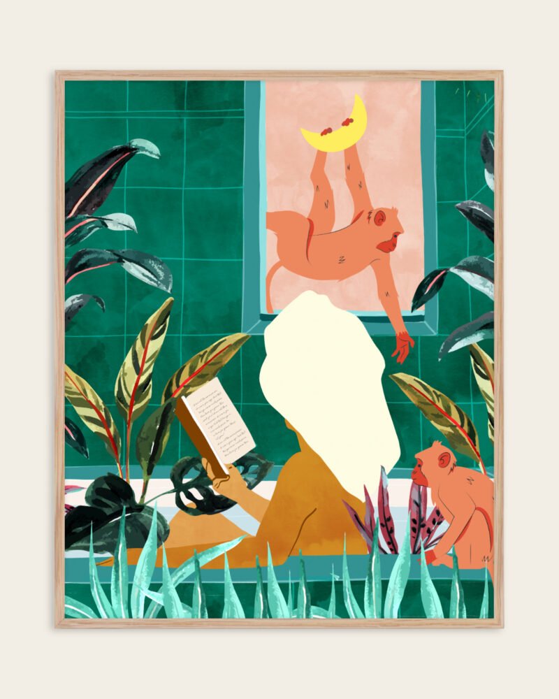 Shop Bohemian woman urban jungle bath monkeys moon Art Print & Canvas Print, Commercial digital license & Instant download printable - exclusively certified at 83oranges.com by artist Uma Gokhale India