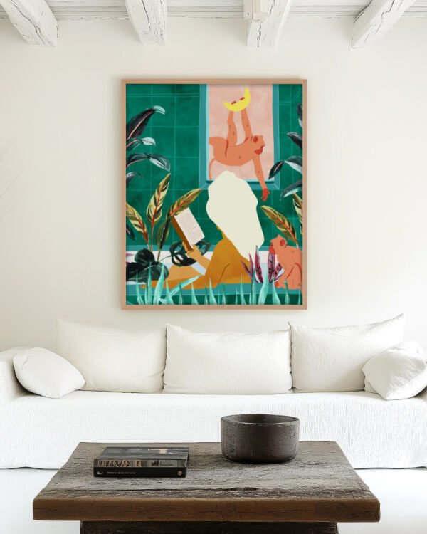Shop Bohemian woman urban jungle bath monkeys moon Art Print & Canvas Print, Commercial digital license & Instant download printable - exclusively certified at 83oranges.com by artist Uma Gokhale India