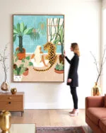 Shop Urban jungle boho woman with leopard tiger cheetah wild cat Art Print, Canvas Print, digital printable download - available at 83oranges.com by artist Uma Gokhale India