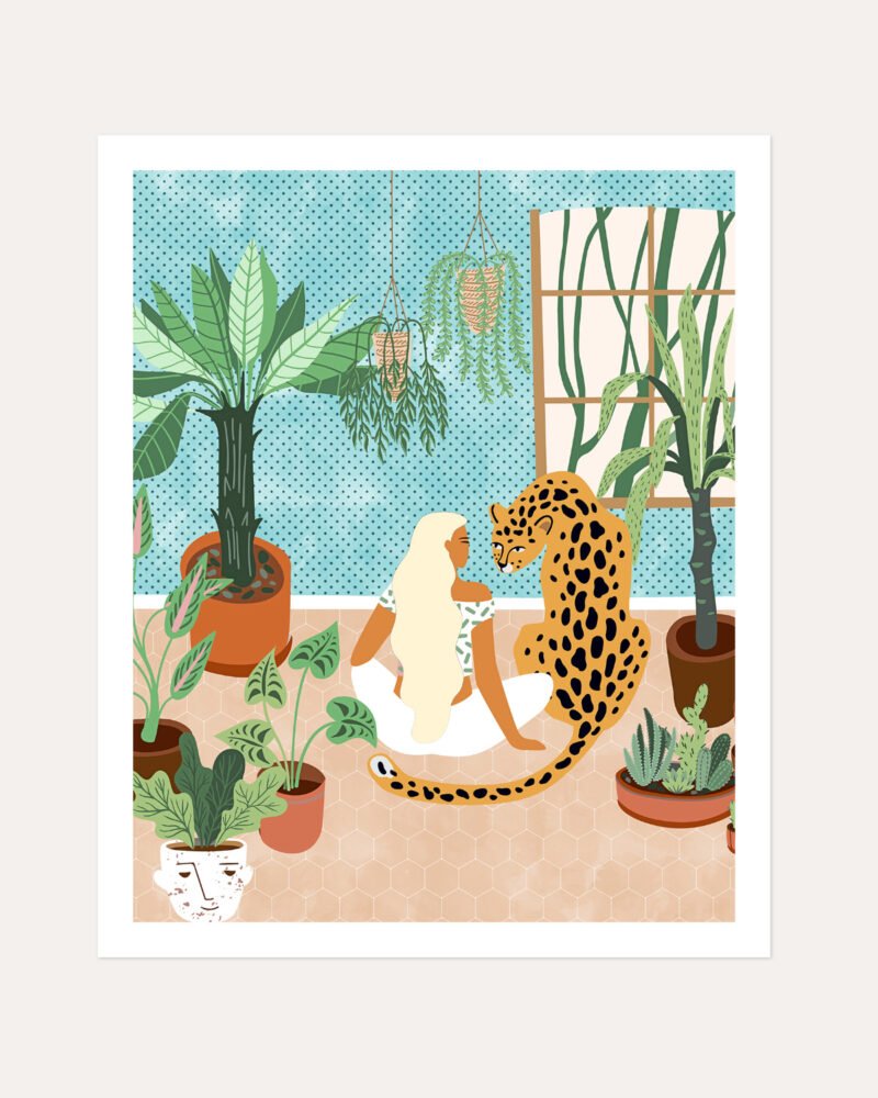 Shop Urban jungle boho woman with leopard tiger cheetah wild cat Art Print, Canvas Print, Commercial digital license & Instant printable download - available at 83oranges.com by artist Uma Gokhale India