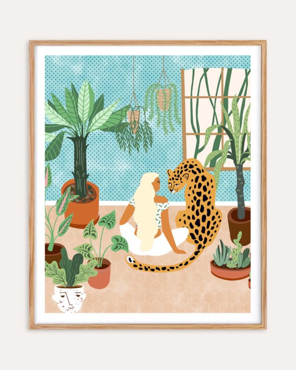 Shop Urban jungle boho woman with leopard tiger cheetah wild cat Art Print, Canvas Print, Commercial digital license & Instant printable download - available at 83oranges.com by artist Uma Gokhale India