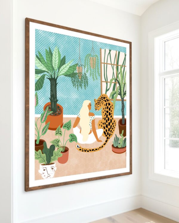 Shop Urban jungle boho woman with leopard tiger cheetah wild cat Art Print, Canvas Print, Commercial digital license & Instant printable download - available at 83oranges.com by artist Uma Gokhale India