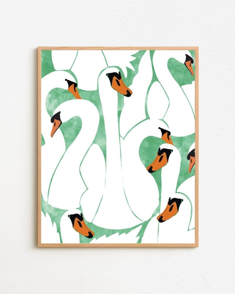 Shop White swans minimal watercolor painting Art Print, Canvas Print, digital printable download - available at 83oranges.com by artist Uma Gokhale India