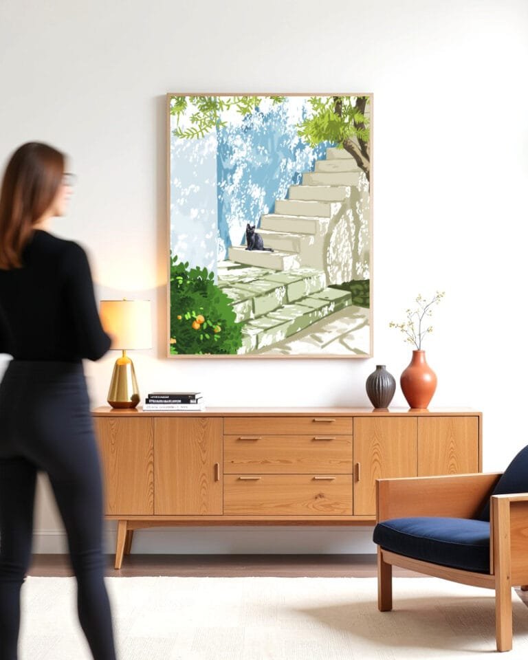 Shop Black cat on Greece Santorini steps painting Art Print, Canvas Print, digital printable download - available at 83oranges.com by artist Uma Gokhale India