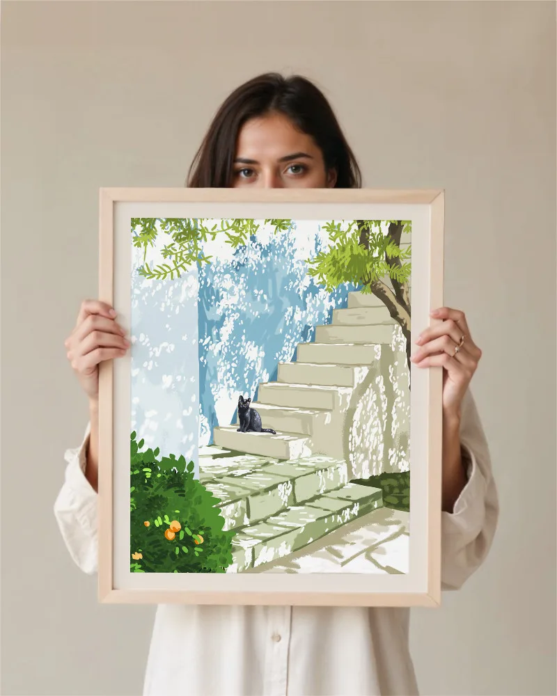 Shop Black cat on Greece Santorini steps painting Art Print, Canvas Print, digital printable download - available at 83oranges.com by artist Uma Gokhale India