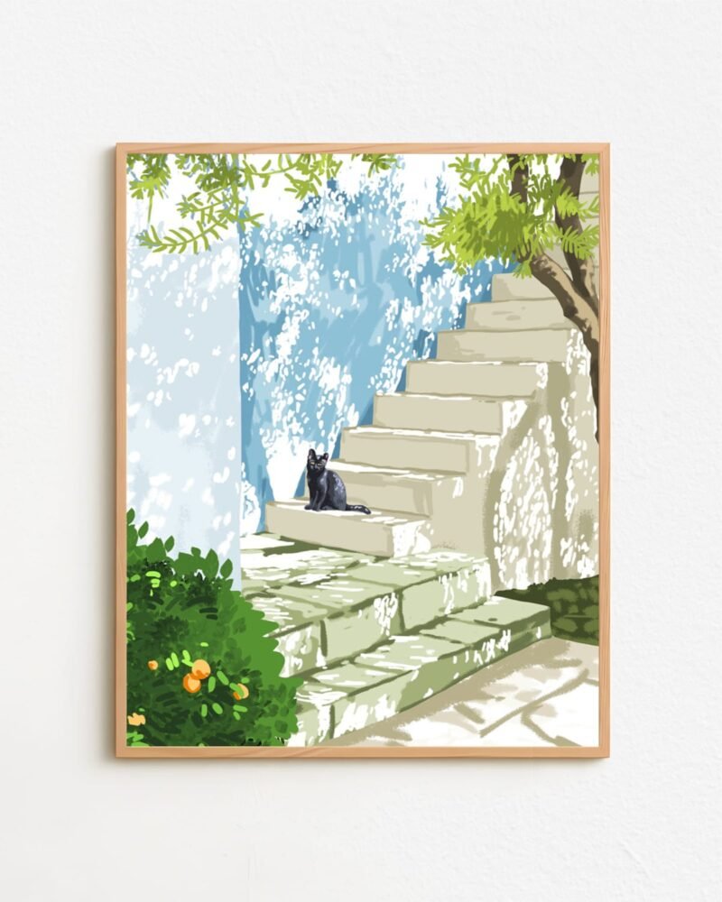 Shop Black cat on Greece Santorini steps painting Art Print, Canvas Print, digital printable download - available at 83oranges.com by artist Uma Gokhale India