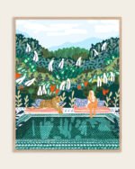 Shop bohemian woman chilling with jungle leopard teal wild cats Art Print, Canvas Print, Commercial digital license & Instant printable download - available at 83oranges.com by artist Uma Gokhale India