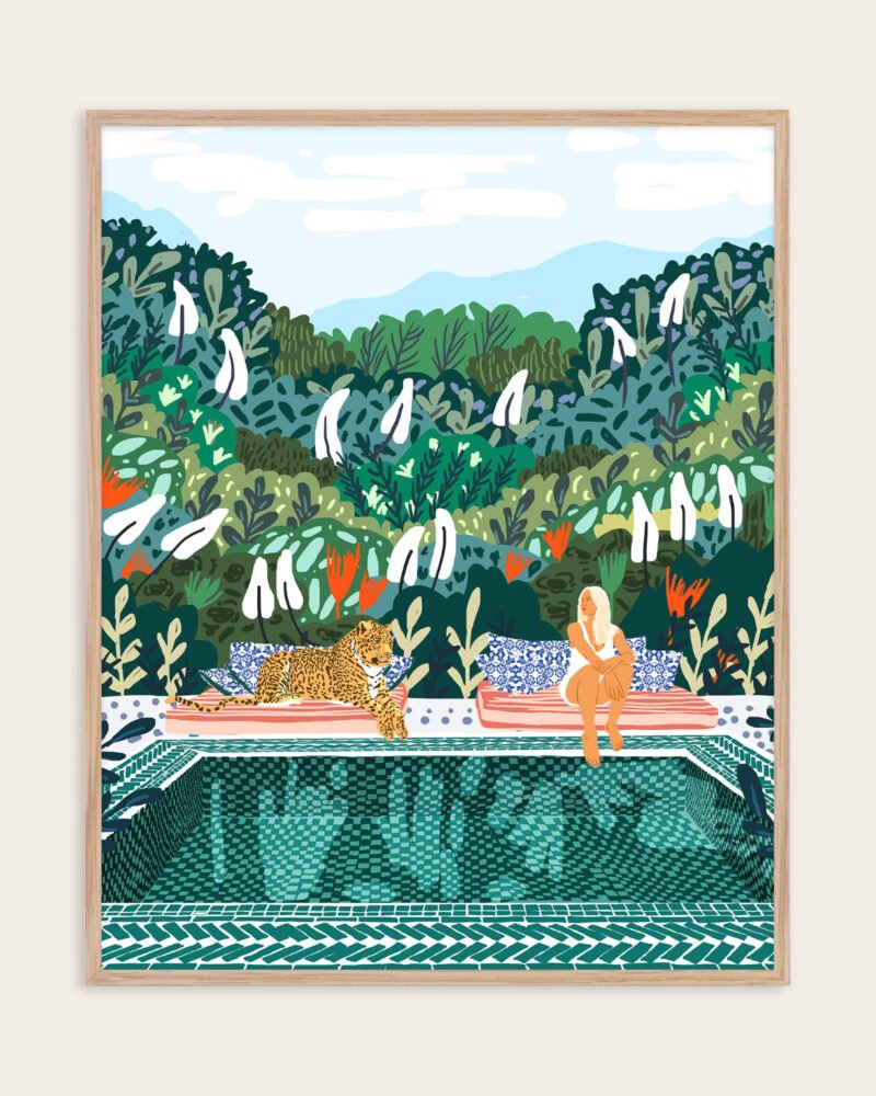 Shop bohemian woman chilling with jungle leopard teal wild cats Art Print, Canvas Print, Commercial digital license & Instant printable download - available at 83oranges.com by artist Uma Gokhale India