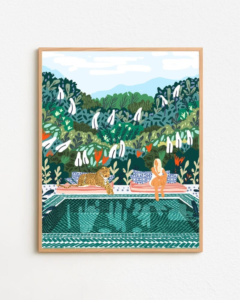 Shop bohemian woman with jungle leopard teal wild cats Art Print, Canvas Print, digital printable download - available at 83oranges.com by artist Uma Gokhale India