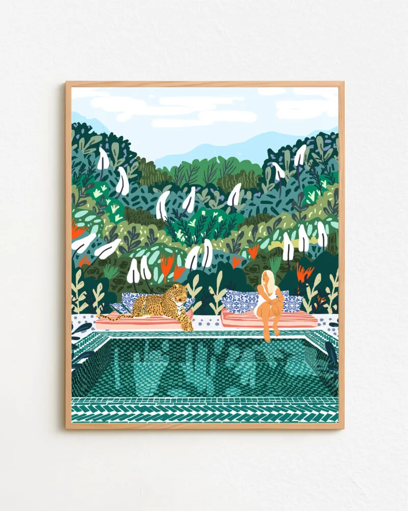 Shop bohemian woman with jungle leopard teal wild cats Art Print, Canvas Print, digital printable download - available at 83oranges.com by artist Uma Gokhale India
