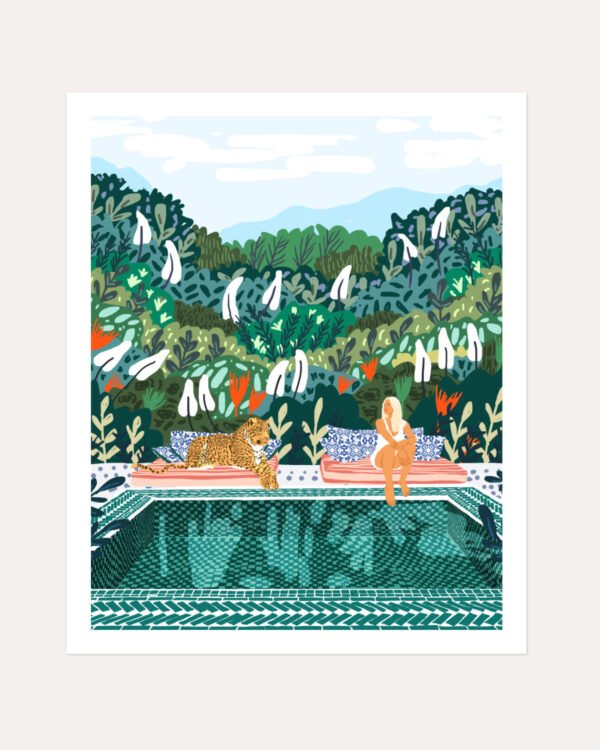 Shop bohemian woman chilling with jungle leopard teal wild cats Art Print, Canvas Print, Commercial digital license & Instant printable download - available at 83oranges.com by artist Uma Gokhale India
