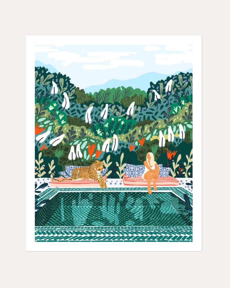 Shop bohemian woman chilling with jungle leopard teal wild cats Art Print, Canvas Print, Commercial digital license & Instant printable download - available at 83oranges.com by artist Uma Gokhale India