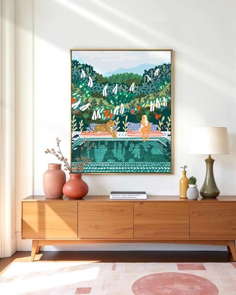 Shop bohemian woman with jungle leopard teal wild cats Art Print, Canvas Print, digital printable download - available at 83oranges.com by artist Uma Gokhale India