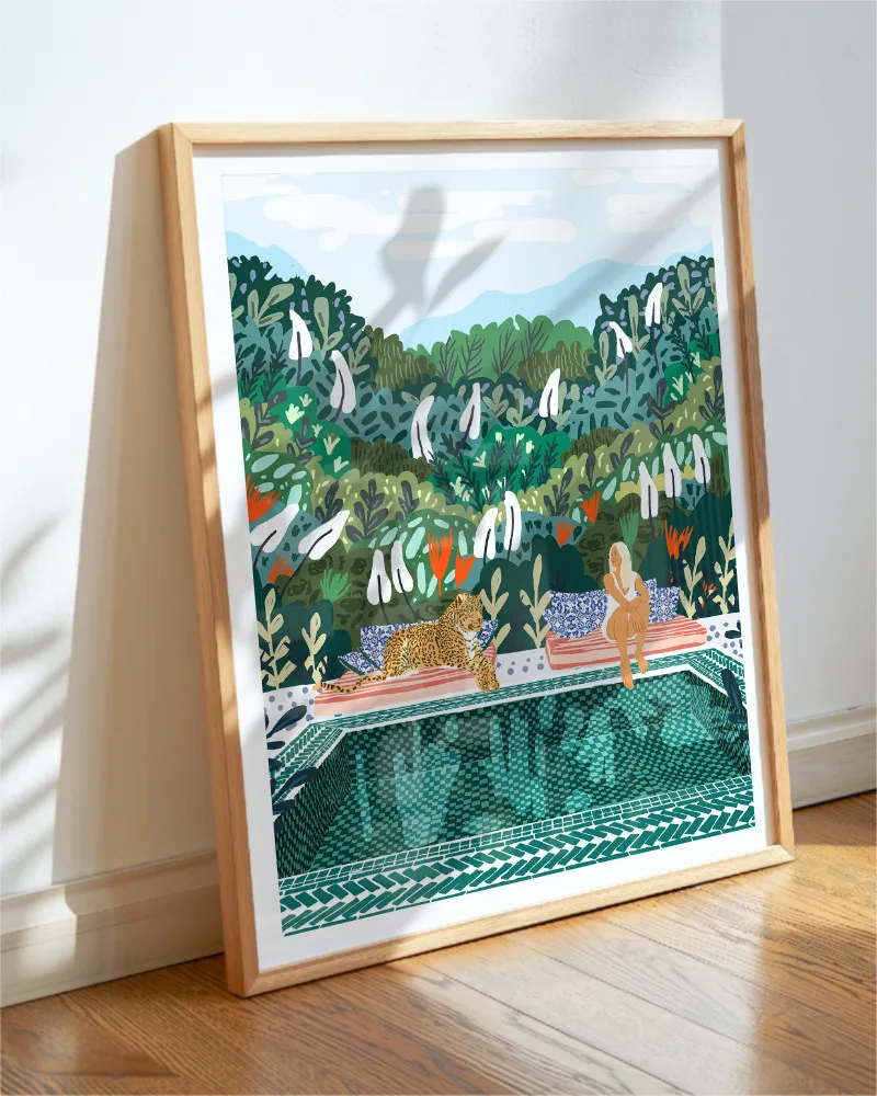 Shop bohemian woman with jungle leopard teal wild cats Art Print, Canvas Print, digital printable download - available at 83oranges.com by artist Uma Gokhale India