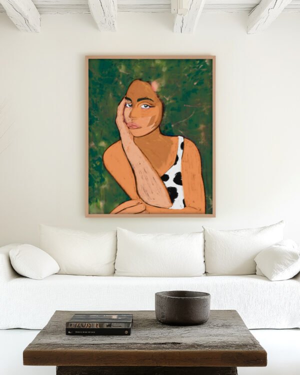 Shop woman portrait sincere bold fashion woman Liminal Quietude Art Print, Canvas Print, digital printable download - available at 83oranges.com by artist Uma Gokhale India