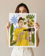A 25 year old hispanic woman with brown hair with a blank frame in a studio