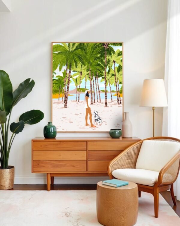 Shop Bohemian woman on the beach with Dalmatian dog pet Art Print & Canvas Print - exclusively certified at 83oranges.com by artist Uma Gokhale India