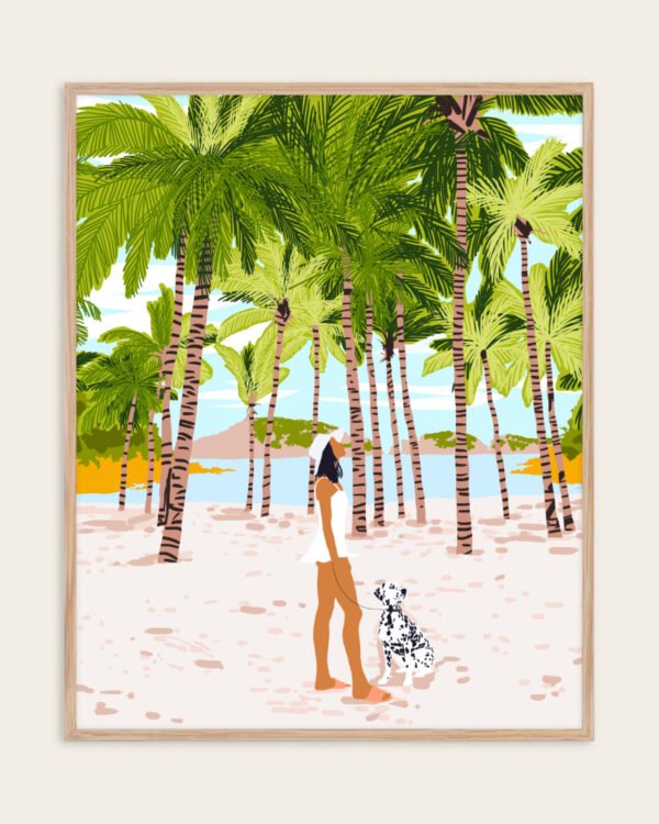 Shop Bohemian woman on the beach with Dalmatian dog pet Art Print & Canvas Print, Commercial digital license & Instant download printable - certified at 83oranges.com by artist Uma Gokhale India
