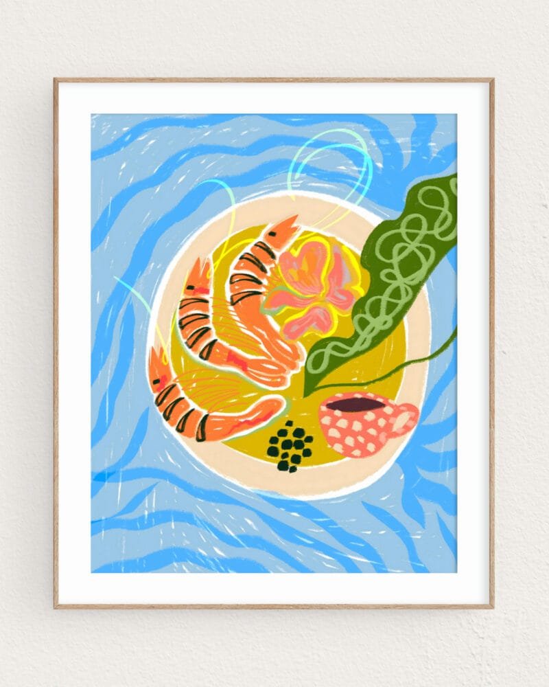 Shop Tiger Prawns shrimp sea food platter painting Art Print, Canvas Print, digital printable download - available at 83oranges.com by artist Uma Gokhale India