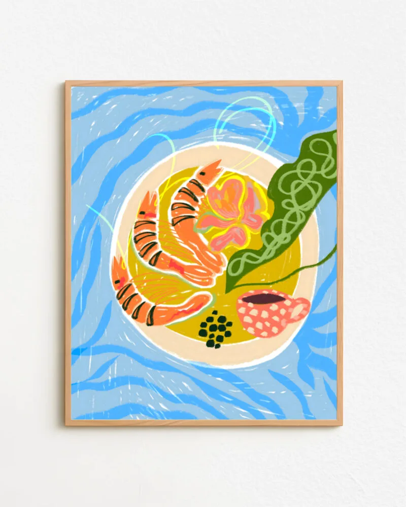 Shop Tiger Prawns shrimp sea food platter painting Art Print, Canvas Print, digital printable download - available at 83oranges.com by artist Uma Gokhale India