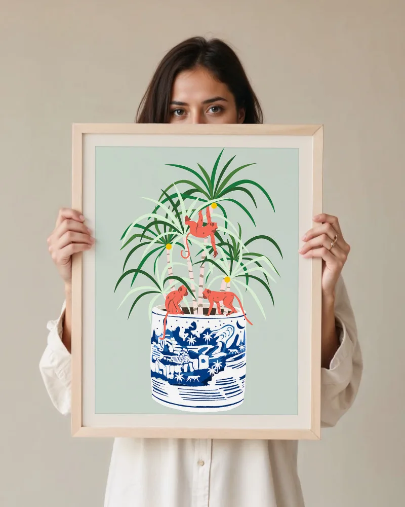 Shop Tropical bonsai strange plant & monkeys Painting Art Print, Canvas Print, digital printable download - available at 83oranges.com by artist Uma Gokhale India