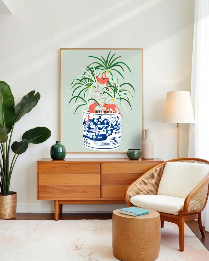 Shop Tropical bonsai strange plant & monkeys Painting Art Print, Canvas Print, digital printable download - available at 83oranges.com by artist Uma Gokhale India