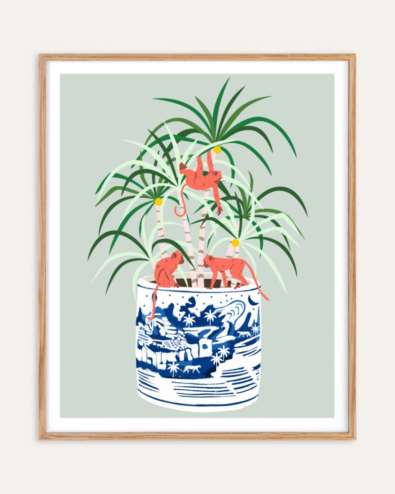 Shop Tropical bonsai strange plant & monkeys Painting Art Print, Canvas Print, Commercial digital license & Instant printable download - available at 83oranges.com by artist Uma Gokhale India