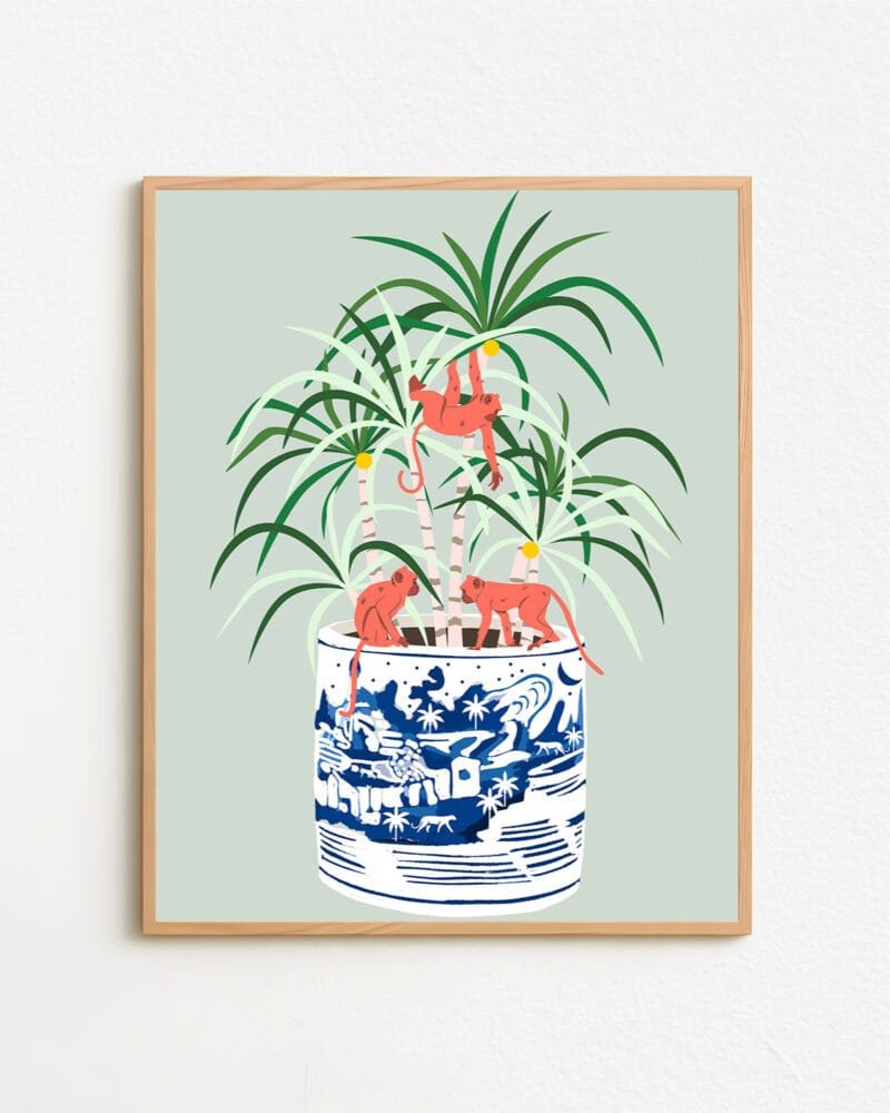 Shop Tropical bonsai strange plant & monkeys Painting Art Print, Canvas Print, digital printable download - available at 83oranges.com by artist Uma Gokhale India
