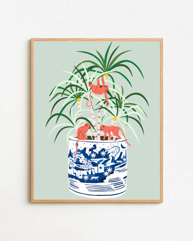 Shop Tropical bonsai strange plant & monkeys Painting Art Print, Canvas Print, digital printable download - available at 83oranges.com by artist Uma Gokhale India
