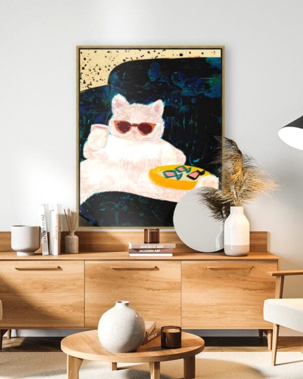 Shop white Persian cat relaxing on the sofa attitude style animals pets Art Print, Canvas Print, digital printable download - available at 83oranges.com by artist Uma Gokhale India
