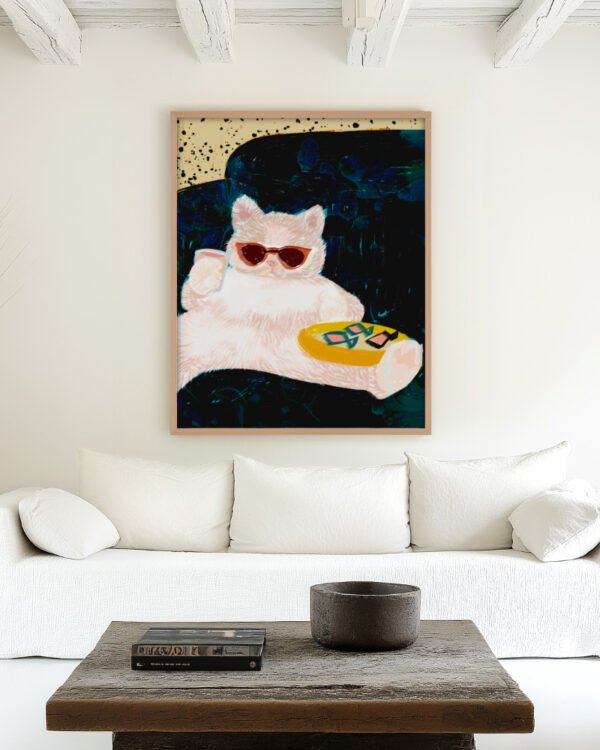 Shop white Persian cat relaxing on the sofa attitude style animals pets Art Print, Canvas Print, Commercial digital license, Instant download printable - available at 83oranges.com by artist Uma Gokhale India