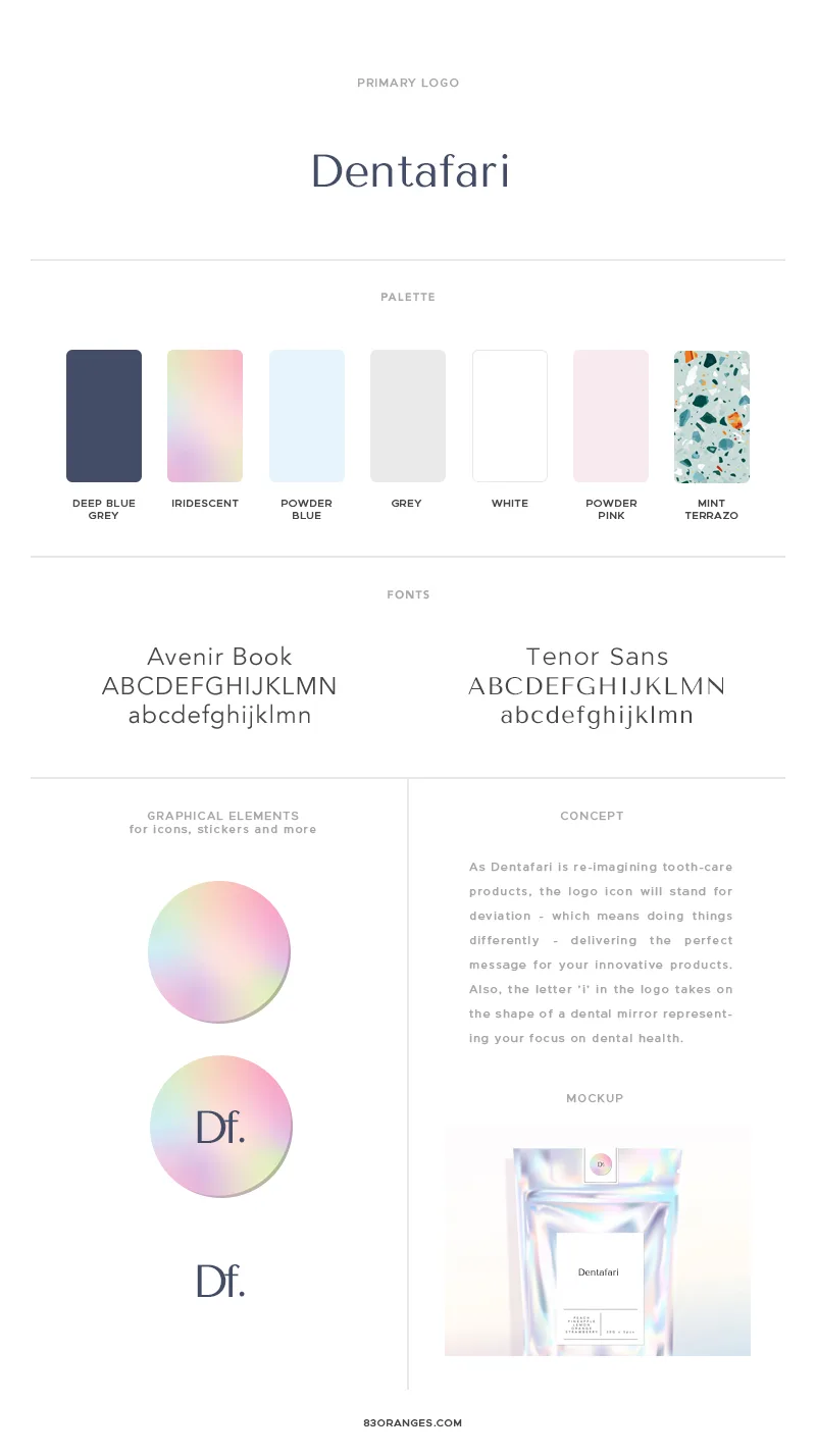 Custom iridescent brand identity design, logo design for dentist - dental practice in USA by Uma Gokhale 83 Oranges