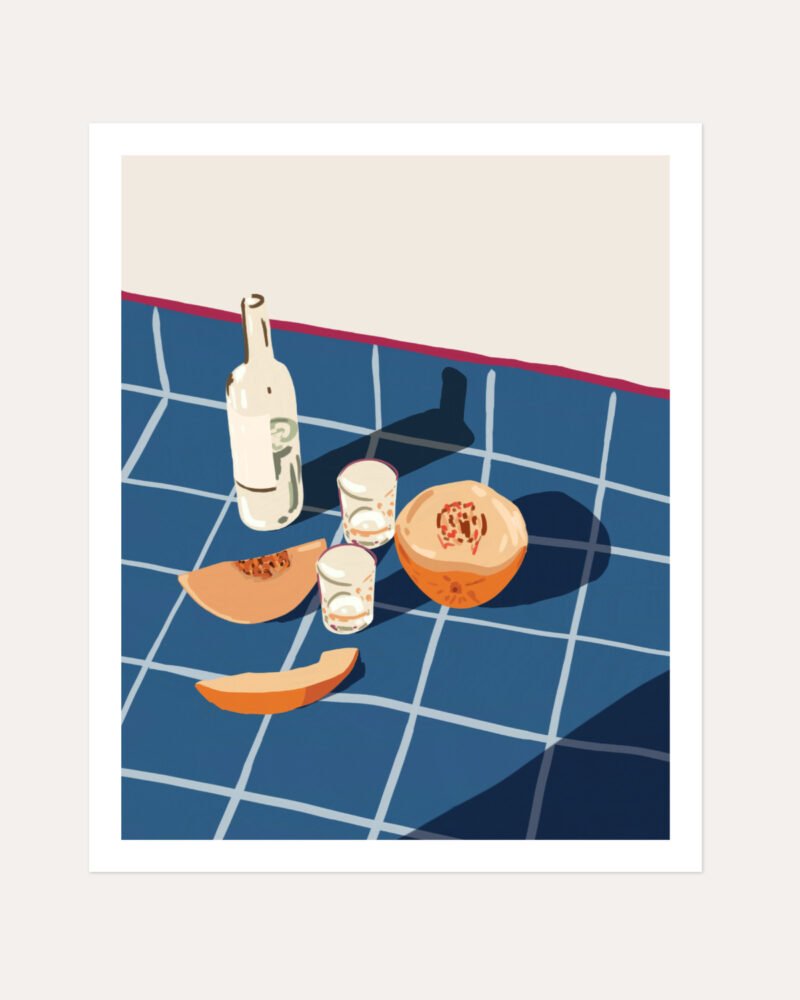 Shop Melon vodka shots still life gouache painting Art Print & Canvas Print, commercial digital license, instant download printable - exclusively certified at 83oranges.com by artist Uma Gokhale India