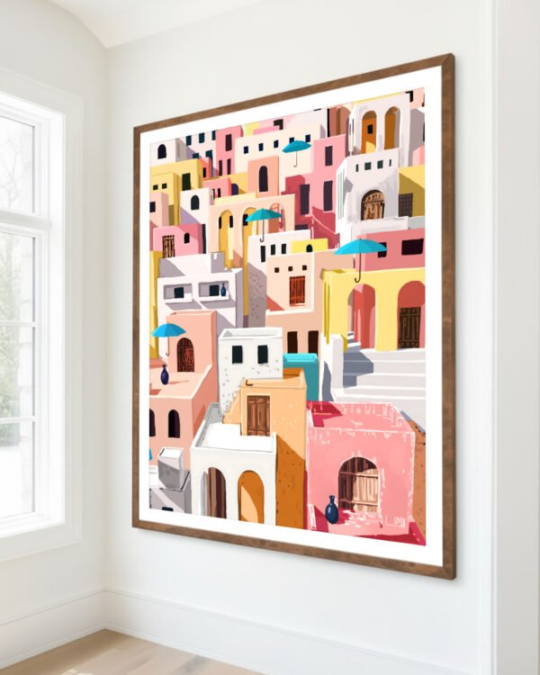 Shop pastel cityscape summer travel buildings painting small batch graphic Art Print, Canvas Print, commercial digital license and instant download printable -available at 83oranges.com by artist Uma Gokhale India