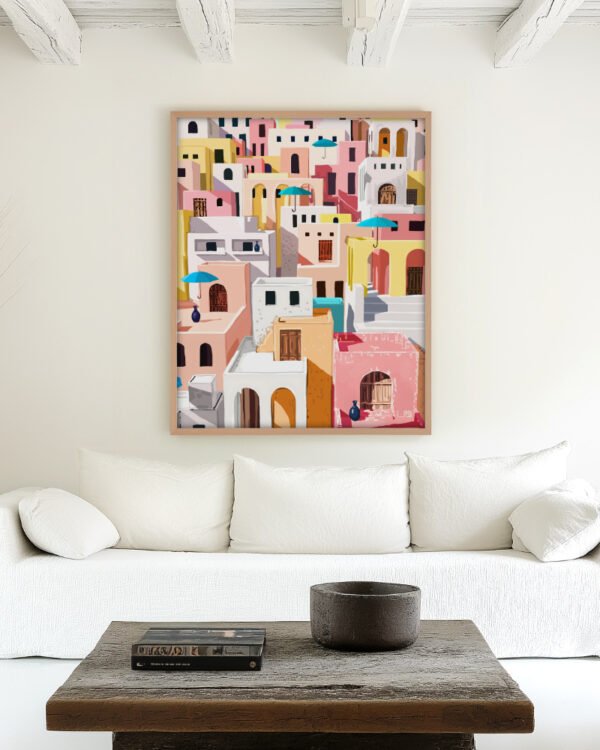 Shop pastel cityscape summer travel buildings painting small batch graphic Art Print, Canvas Print, commercial digital license and instant download printable -available at 83oranges.com by artist Uma Gokhale India