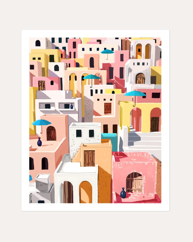 Shop pastel cityscape summer travel buildings painting small batch graphic Art Print, Canvas Print, commercial digital license and instant download printable -available at 83oranges.com by artist Uma Gokhale India