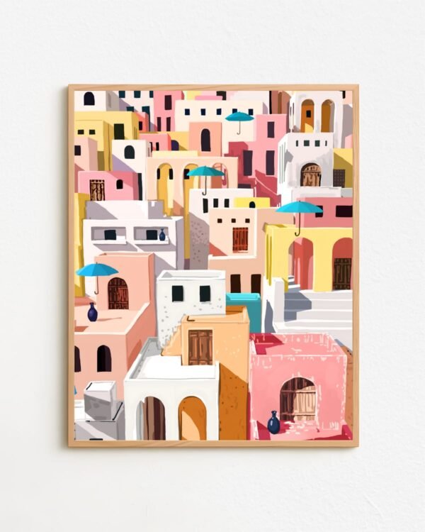 Shop pastel cityscape summer travel buildings painting small batch graphic Art Print, Canvas Print & Fabric Print - exclusively available at 83oranges.com by artist Uma Gokhale India