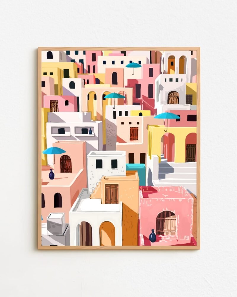 Shop pastel cityscape summer travel buildings painting small batch graphic Art Print, Canvas Print & Fabric Print - exclusively available at 83oranges.com by artist Uma Gokhale India