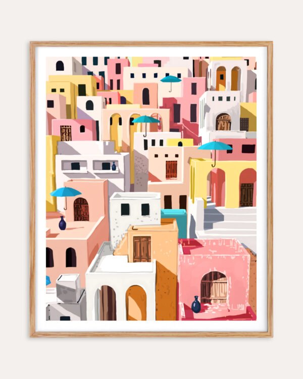 Shop pastel cityscape summer travel buildings painting small batch graphic Art Print, Canvas Print, commercial digital license and instant download printable -available at 83oranges.com by artist Uma Gokhale India